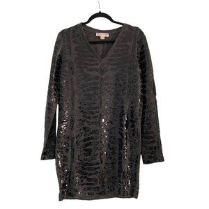 Michael Kors Womens Sequin Sweater Tunic Size M Grey Black Sparkles Party Warm
